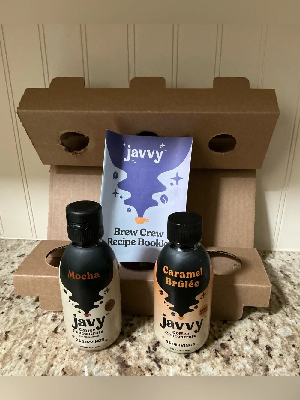 Javy Coffee Concentrate 2 Pack Caramel Brulee Mocha 6oz Bottles W/Display Holder